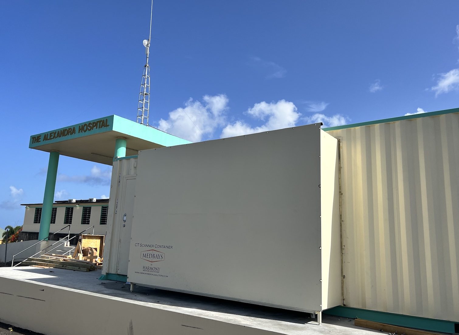 Container-based CT scanner unit installed at a hospital site