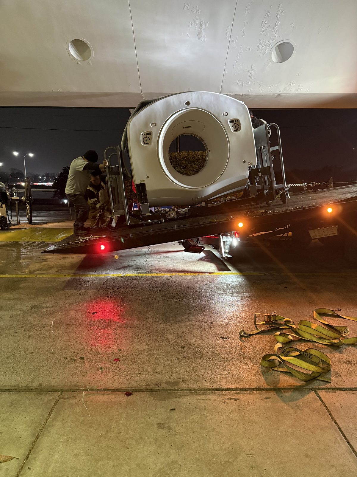 CT scanner loaded on flatbed for overnight transport